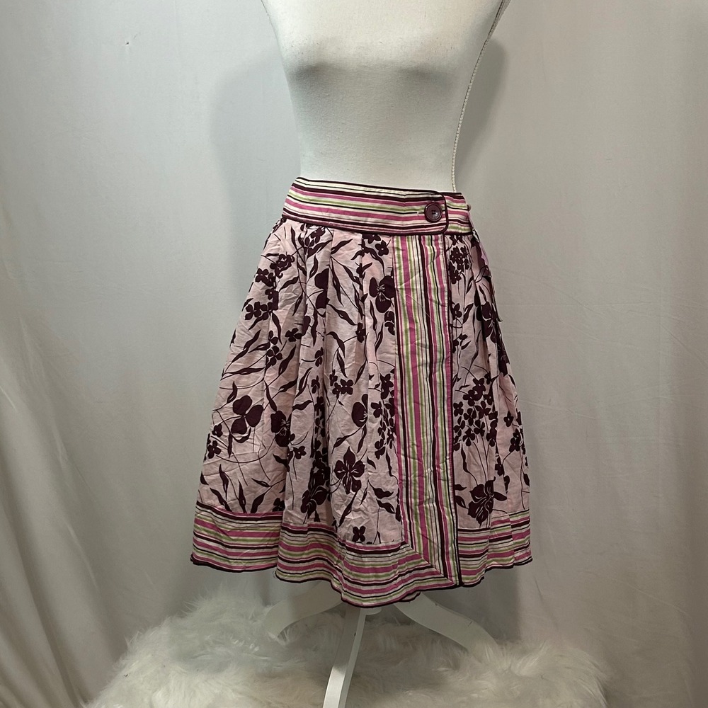 Zinc Floral Print A Line Skirt Women's Size 7 Striped Hem & Waist Pink Burgundy